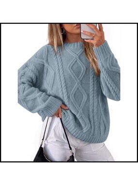 Cable Knit Oversized Sweater Pullover Crew Neck Long Sleeve